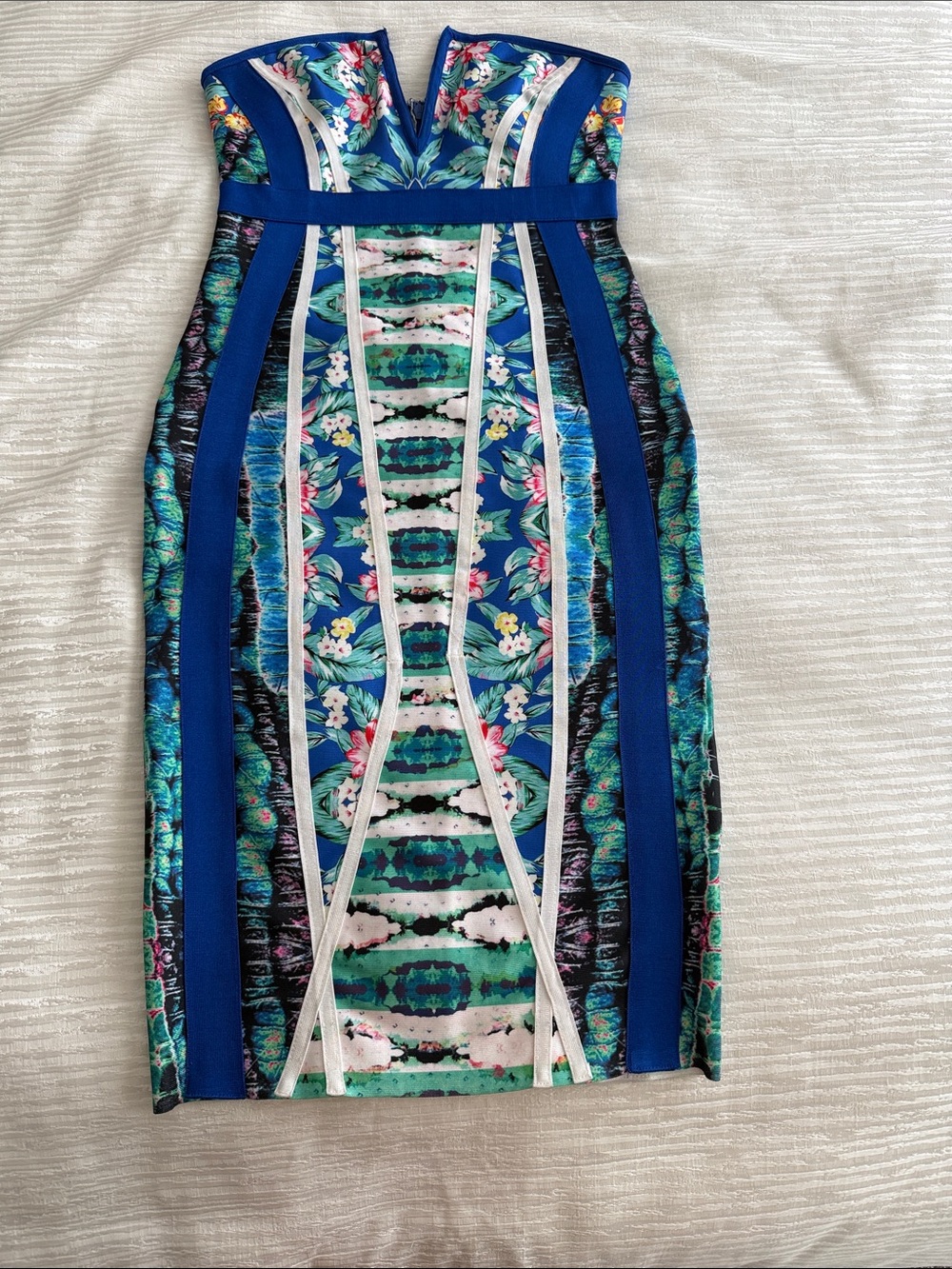 Strapless Blue Floral-Print Bodycon Skirt